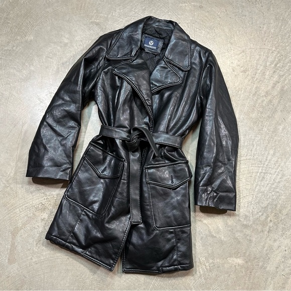 Vintage Jackets & Blazers - Vintage Black Leather Made in Italy Quilted Interior Trench Coat with Belt ptp21